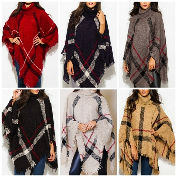 Plaid Poncho Shawl Turtleneck OS Beige Plaid NWT - Picture 5 of 6